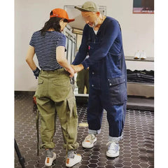 Overalls Men Jumpsuit Color Contrast Patchwork Working Bib Top Pants Men's Amekaji Multi-Pocket Suspenders Casual Denim