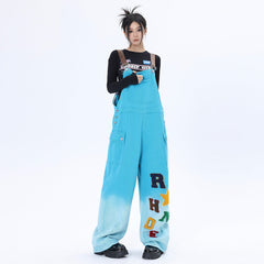 Overalls Men Jumpsuit Embroidered Letters Denim Brace Trendy Brand Personalized Trousers Gradient Straight