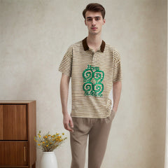 Unisex Polo Shirt Vintage Striped Lapel Short Sleeve