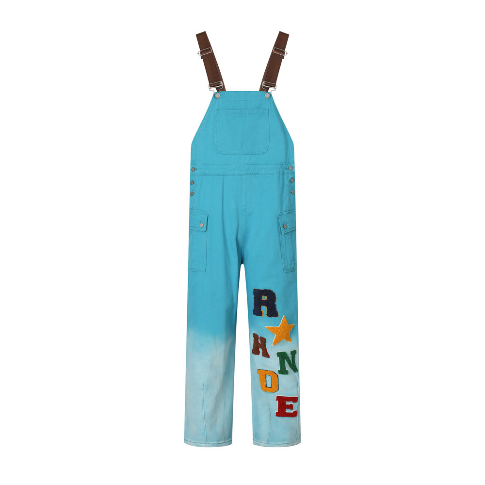 Overalls Men Jumpsuit Embroidered Letters Denim Brace Trendy Brand Personalized Trousers Gradient Straight