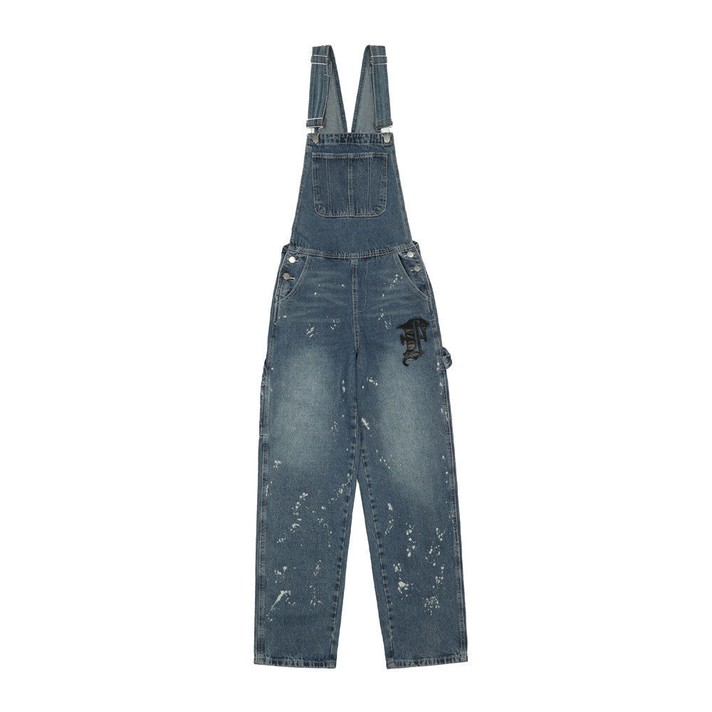 Overalls Men Jumpsuit Men's Denim Overalls Ins High Street Inkjet Letter Straight Cargo Jumpsuit