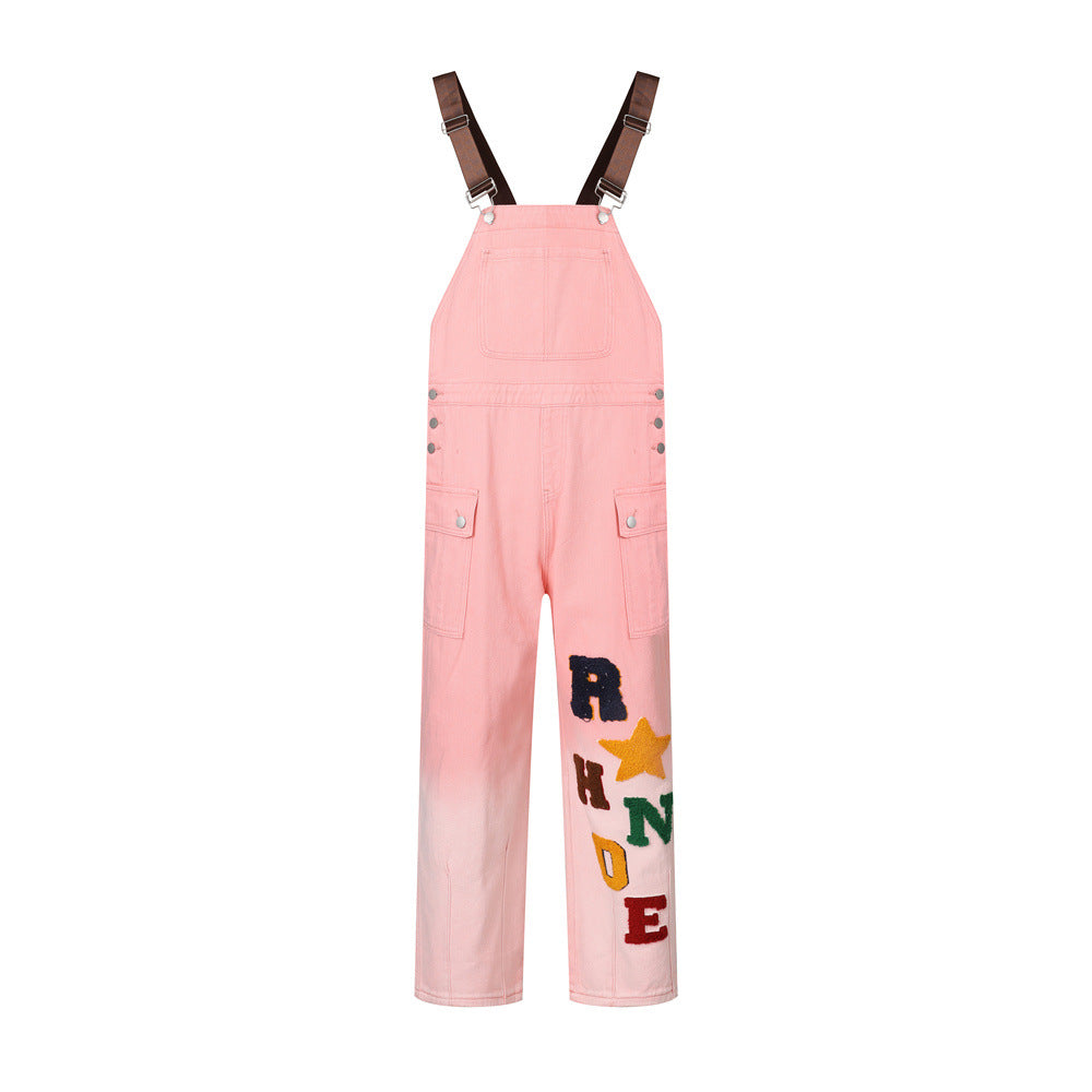Overalls Men Jumpsuit Embroidered Letters Denim Brace Trendy Brand Personalized Trousers Gradient Straight