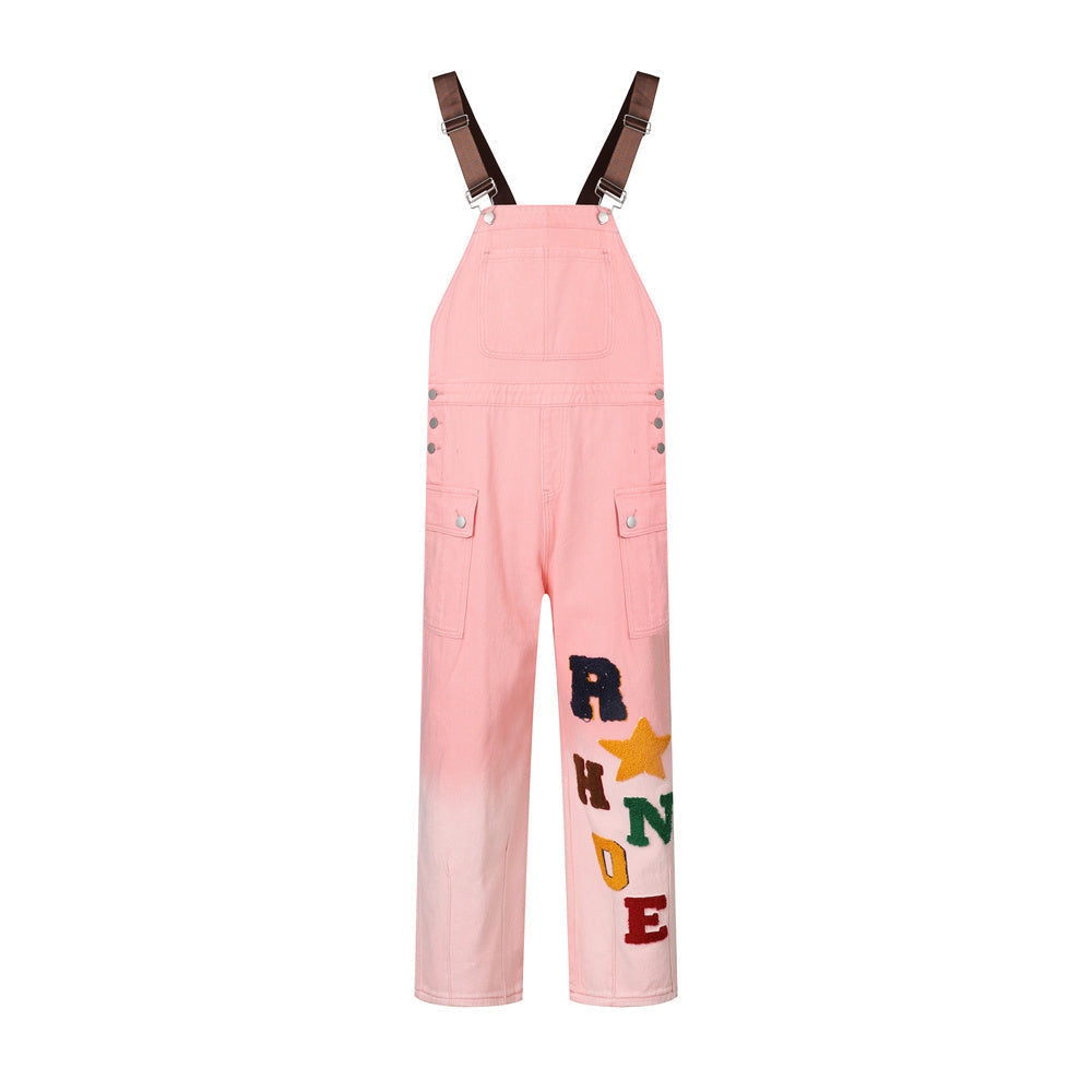 Overalls Men Jumpsuit Embroidered Letters Denim Brace Trendy Brand Personalized Trousers Gradient Straight